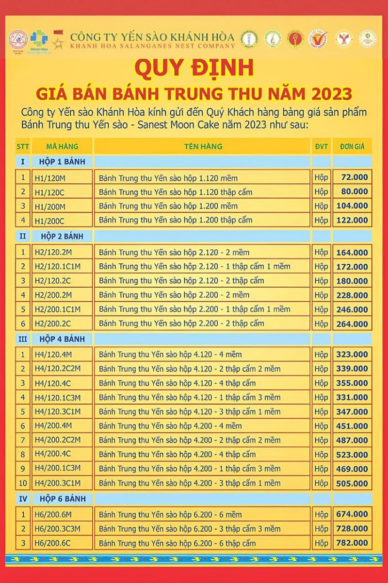 Bảng giá bánh trung thu yến sào Khánh Hòa 2023