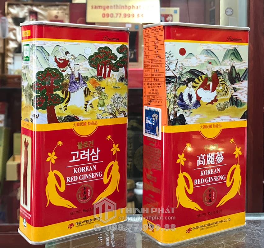 Hồng sâm củ khô 6 năm tuổi 75g hộp thiếc chính hãng Daedong Hàn Quốc